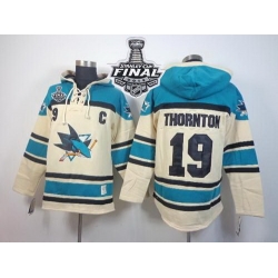 Men San Jose Sharks 19 Joe Thornton Cream Sawyer Hooded Sweatshirt 2016 Stanley Cup Final Patch Stitched NHL Jersey