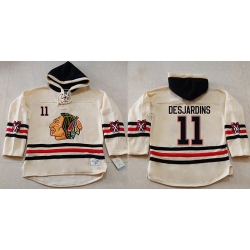 Men Chicago Blackhawks 11 Andrew Desjardins Cream Heavyweight Pullover Hoodie Stitched NHL Jersey