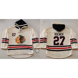 Men Chicago Blackhawks 27 Jeremy Roenick Cream Heavyweight Pullover Hoodie Stitched NHL Jersey