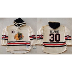 Men Chicago Blackhawks 30 ED Belfour Cream Heavyweight Pullover Hoodie Stitched NHL Jersey