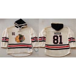 Men Chicago Blackhawks 81 Marian Hossa Cream Heavyweight Pullover Hoodie Stitched NHL Jersey