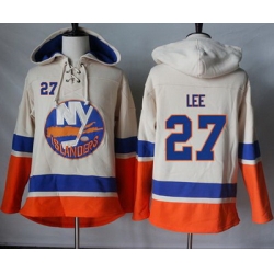 Islanders #27 Anders Lee Cream Sawyer Hooded Sweatshirt Stitched NHL Jersey