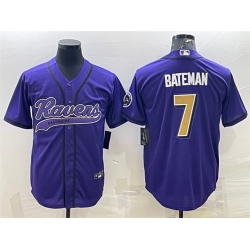 Men Baltimore Ravens 7 Rashod Bateman Purple Gold With Patch Cool Base Stitched Baseball Jersey