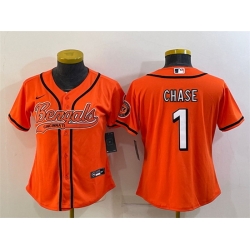 Women Cincinnati Bengals 1 Ja 27Marr Chase Orange With Patch Cool Base Stitched Baseball Jersey