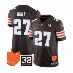 Men Cleveland Browns 27 Kareem Hunt Brown 2023 F U S E  With Jim Brown Memorial Patch Vapor Untouchable Limited Stitched Jersey