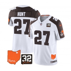 Men Cleveland Browns 27 Kareem Hunt White Brown 2023 F U S E  With Jim Brown Memorial Patch Vapor Untouchable Limited Stitched Jersey