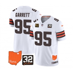 Men Cleveland Browns 95 Myles Garrett White 2023 F U S E  With Jim Brown Memorial Patch And 4 Star C Patch Vapor Untouchable Limited Stitched Jersey