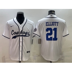 Men Dallas Cowboys 21 Ezekiel Elliott White With Patch Cool Base Stitched Baseball Jersey