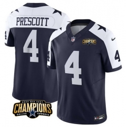 Men Dallas Cowboys 4 Dak Prescott Navy White 2023 F U S E  NFC East Champions Patch Stitched Football Jersey