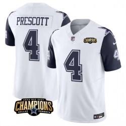 Men Dallas Cowboys 4 Dak Prescott White Navy 2023 F U S E  NFC East Champions Patch Stitched Football Jersey