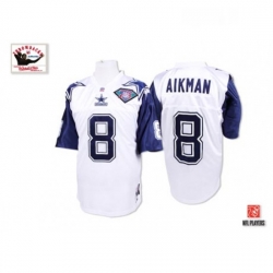 Mens Mitchell and Ness Dallas Cowboys 8 Troy Aikman Authentic White 75TH Patch Throwback NFL Jersey