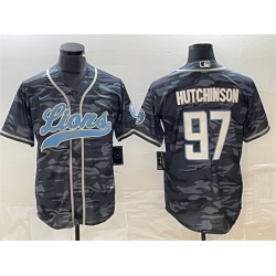 Men Detroit Lions 97 Aidan Hutchinson Grey Camo Cool Base Stitched Baseball Jersey