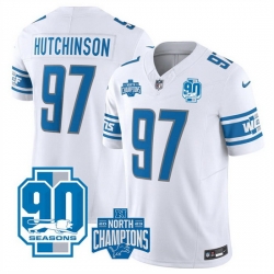 Men Detroit Lions 97 Aidan Hutchinson White 2023 F U S E  90th Anniversary NFC North Division Champions Vapor Untouchable Limited Stitched Jersey