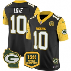 Men Green Bay Packers 10 Jordan Love Cheese Black 2024 F U S E  13 Time World Champions And Home Patch Vapor Untouchable Limited Stitched Football Jersey