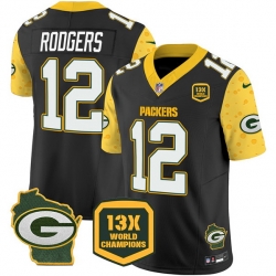 Men Green Bay Packers 12 Aaron Rodgers Cheese Black 2024 F U S E  13 Time World Champions And Home Patch Vapor Untouchable Limited Stitched Football Jersey