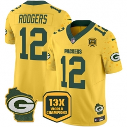 Men Green Bay Packers 12 Aaron Rodgers Cheese Gold 2024 F U S E  13 Time World Champions And Home Patch Vapor Untouchable Limited Stitched Football Jersey