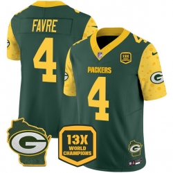 Men Green Bay Packers 4 Brett Favre Cheese Green 2024 F U S E  13 Time World Champions And Home Patch Vapor Untouchable Limited Stitched Football Jersey