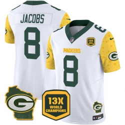 Men Green Bay Packers 8 Josh Jacobs Cheese White 2024 F U S E  13 Time World Champions And Home Patch Vapor Untouchable Limited Stitched Football Jersey