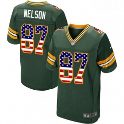 Men Nike Green Bay Packers 87 Jordy Nelson Elite Green Home USA Flag Fashion NFL Jersey