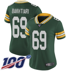 Women Packers 69 David Bakhtiari Green Team Color Stitched Football 100th Season Vapor Limited Jersey