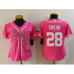 Women Indianapolis Colts 28 Jonathan Taylor Pink With Patch Cool Base Stitched Baseball Jersey 1