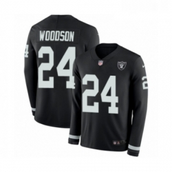 Mens Nike Oakland Raiders 24 Charles Woodson Limited Black Therma Long Sleeve NFL Jersey