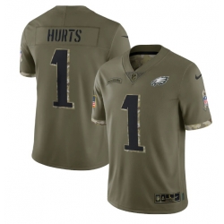 Men Philadelphia Eagles 1 Jalen Hurts Olive 2022 Salute To Service Limited Stitched Jersey