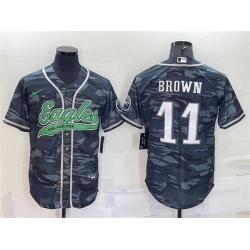 Men Philadelphia Eagles 11 A  J  Brown Grey Camo With Patch Cool Base Stitched Baseball Jersey