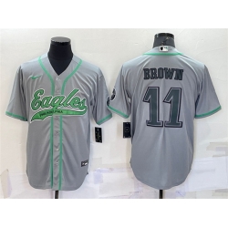 Men Philadelphia Eagles 11 A  J  Brown Grey With Patch Cool Base Stitched Baseb