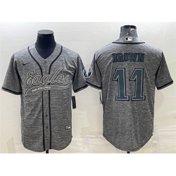 Men Philadelphia Eagles 11 A J  Brown Grey With Patch Cool Base Stitched Baseball Jersey