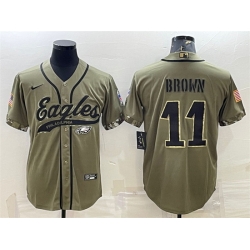 Men Philadelphia Eagles 11 A J  Brown Olive 2022 Salute To Service Cool Base Stitched Baseball Jersey