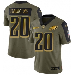 Men Philadelphia Eagles 20 Brian Dawkins 2021 Olive Camo Salute To Service Golden Limited Stitched Jersey