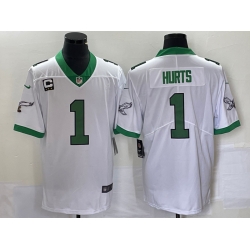 Men's Philadelphia Eagles #1 Jalen Hurts White Kelly Green With C Patch Jersey