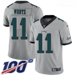 Eagles #11 Carson Wentz Silver Youth Stitched Football Limited Inverted Legend 100th Season Jersey