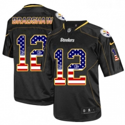 Mens Nike Pittsburgh Steelers 12 Terry Bradshaw Elite Black USA Flag Fashion NFL Jersey