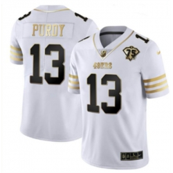 Men San Francisco 49ers 13 Brock Purdy White Gold With 75th Patch Stitched Jersey