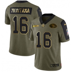 Men San Francisco 49ers 16 Joe Montana 2021 Olive Camo Salute To Service Golden Limited Stitched Jersey