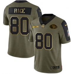 Men San Francisco 49ers 80 Jerry Rice 2021 Olive Camo Salute To Service Golden Limited Stitched Jersey