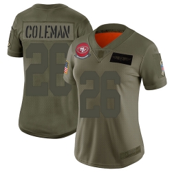 Women 49ers 26 Tevin Coleman Camo Stitched Football Limited 2019 Salute to Service Jersey