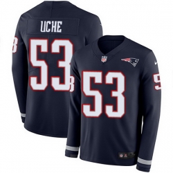 Nike Patriots 53 Josh Uche Navy Blue Team Color Men Stitched NFL Limited Therma Long Sleeve Jersey