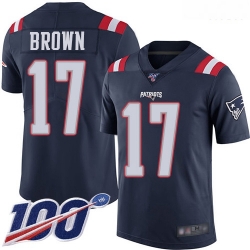 Patriots 17 Antonio Brown Navy Blue Men Stitched Football Limited Rush 100th Season Jersey