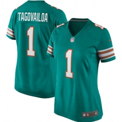 Women Miami Dolphins 1 Tua Tagovailoa Aqua Color Rush Stitched Jersey