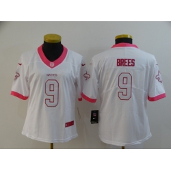 Women Nike Saints 9 Drew Brees White Pink Fashion Women Rush Limited Jersey