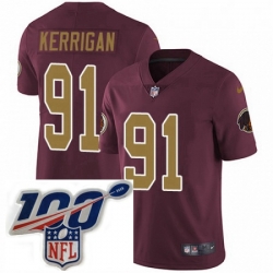 Mens Nike Washington Redskins 91 Ryan Kerrigan Burgundy RedGold Number Alternate 80TH Anniversary Vapor Untouchable Limited Stitched 100th anniversary Neck