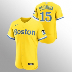 Men Boston Red Sox 15 Dustin Pedroia Men Nike 2021 City Connect Gold Authentic MLB Jersey