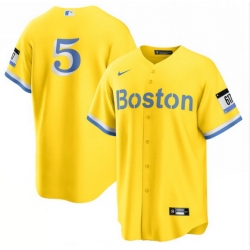 Men Boston Red Sox 5 Enrique Hernandez Nike Gold Light Blue 2021 City Connect Jersey