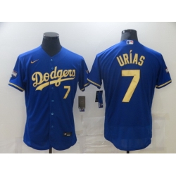 Men Dodgers 7 Julio Urias Royal Gold Champion Nike Flexbase Jersey