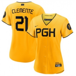 Women Pittsburgh Pirates 21 Roberto Clemente Gold 2023 Draft City Connect Stitched Jersey