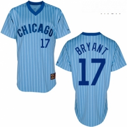 Mens Majestic Chicago Cubs 17 Kris Bryant Authentic BlueWhite Strip Cooperstown Throwback MLB Jersey