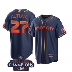 Men Houston Astros 27 Jose Altuve Navy 2022 World Series Champions City Connect Stitched Baseball Jersey